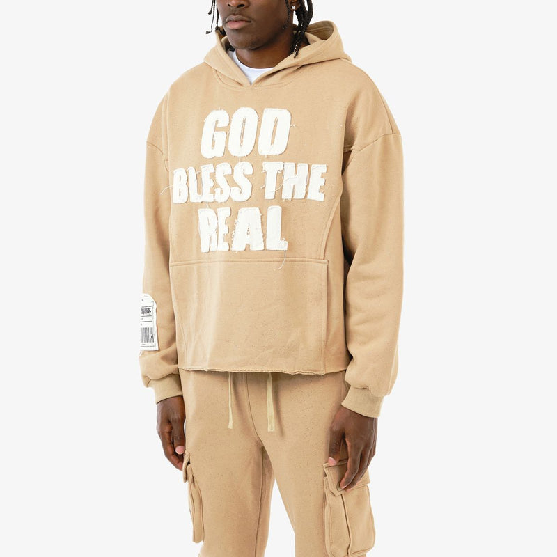 VOYAGE STUDIO 'God Bless The Real' Cropped Hoodie (Khaki) 53J13