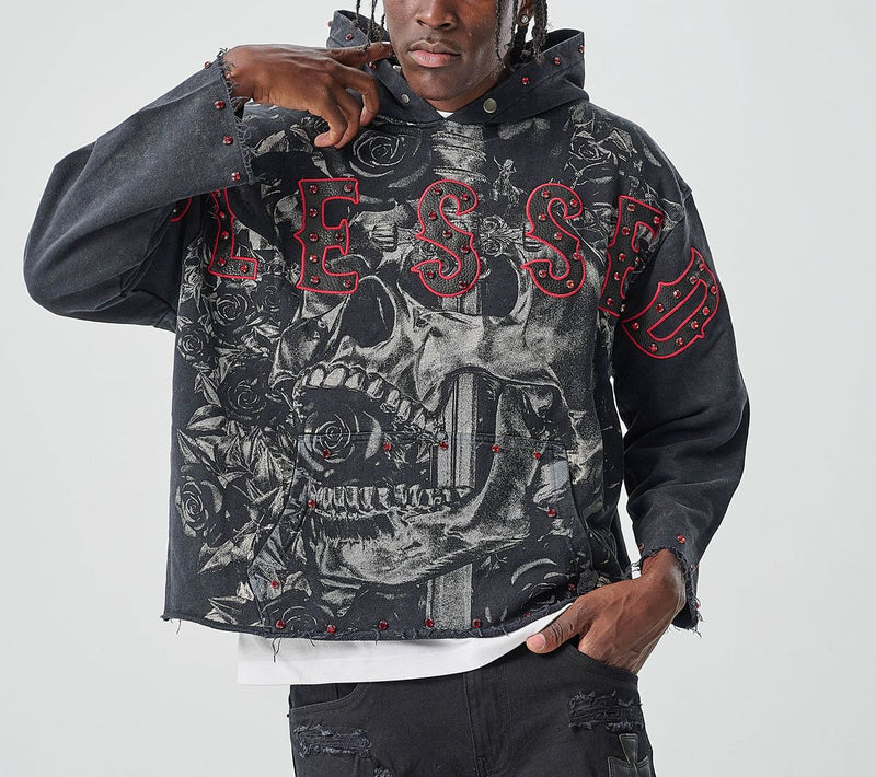 TAKER 'Blessed' Cropped Hoodie (Washed Black/Red) T5256 - FRESH N FITTED