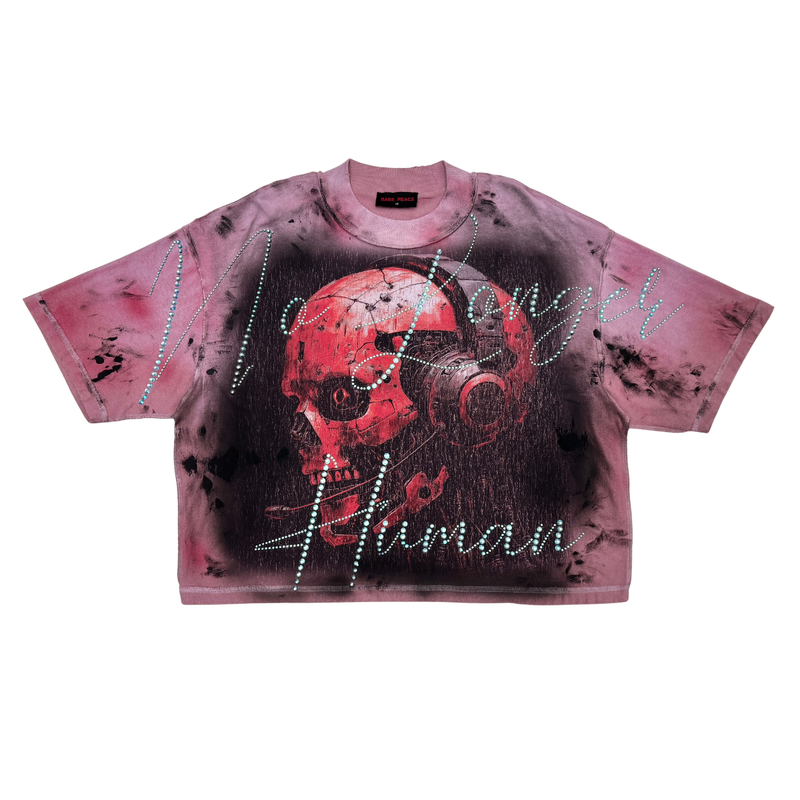 Rare Peace 'No Longer Human (Robotic)' Oversized Rhinestone Cropped T-shirt (Pink) RT5057