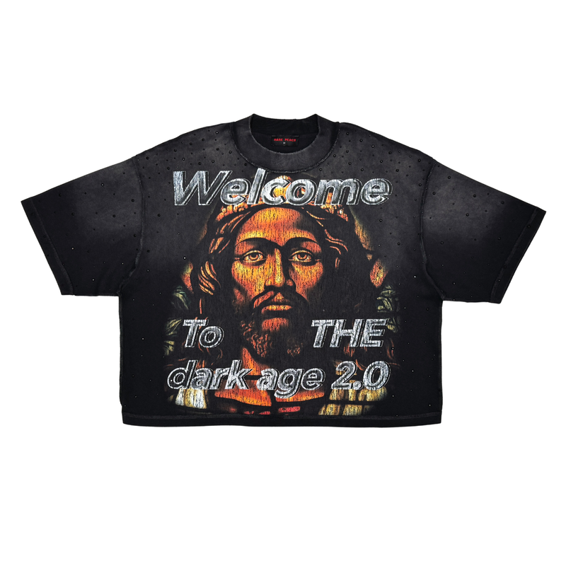 Rare Peace 'Welcome To The Dark Age 2.0' Oversized Rhinestone Cropped T-shirt (Black) RT5053
