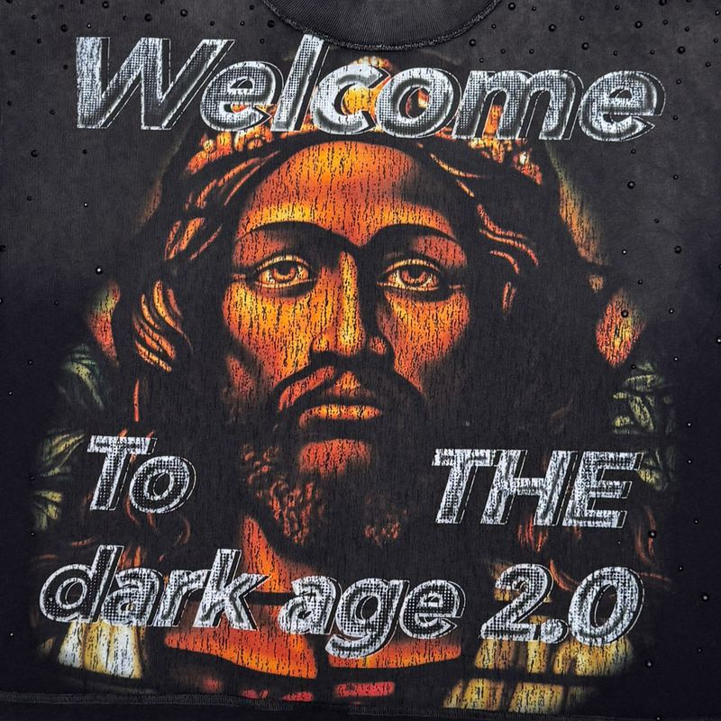 Rare Peace 'Welcome To The Dark Age 2.0' Oversized Rhinestone Cropped T-shirt (Black) RT5053