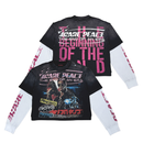 Black long-sleeve shirt with pink and white text and graphics on a white background