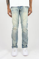 Lt Sand Blue slim straight fit jeans with distress. By Fresh N Fitted.