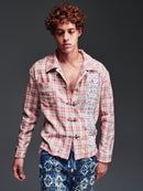 Guapi Clothing French Rose plaid shirt in pink and white, casual button-up with classic collar and long sleeves.