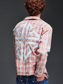 Guapi Clothing French Rose pink and white plaid shirt with long sleeves and button closure, casual stylish women's top.