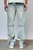 First Row allover rhinestone flare fit denim in medium stone tint, showcasing detailed rhinestone embellishments and classic denim style.