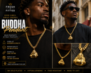 A collage-style promotional image for a gold Buddha pendant necklace. A man wearing black sunglasses and a black shirt is shown in two portrait panels, each wearing the necklace with a large gold chain and a gold Laughing Buddha pendant.