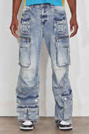 First Row Y2K multi cargo relaxed fit denim jeans in light stone tint with multiple pockets and distressed details.