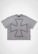 First Row Shadow Worship silver requiem crop T-shirt in light grey, with short sleeves and graphic design on front.