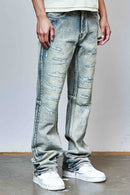 First Row Allover Rhinestone flare fit denim jeans in medium stone tint, showcasing rhinestone embellishments and classic denim style.