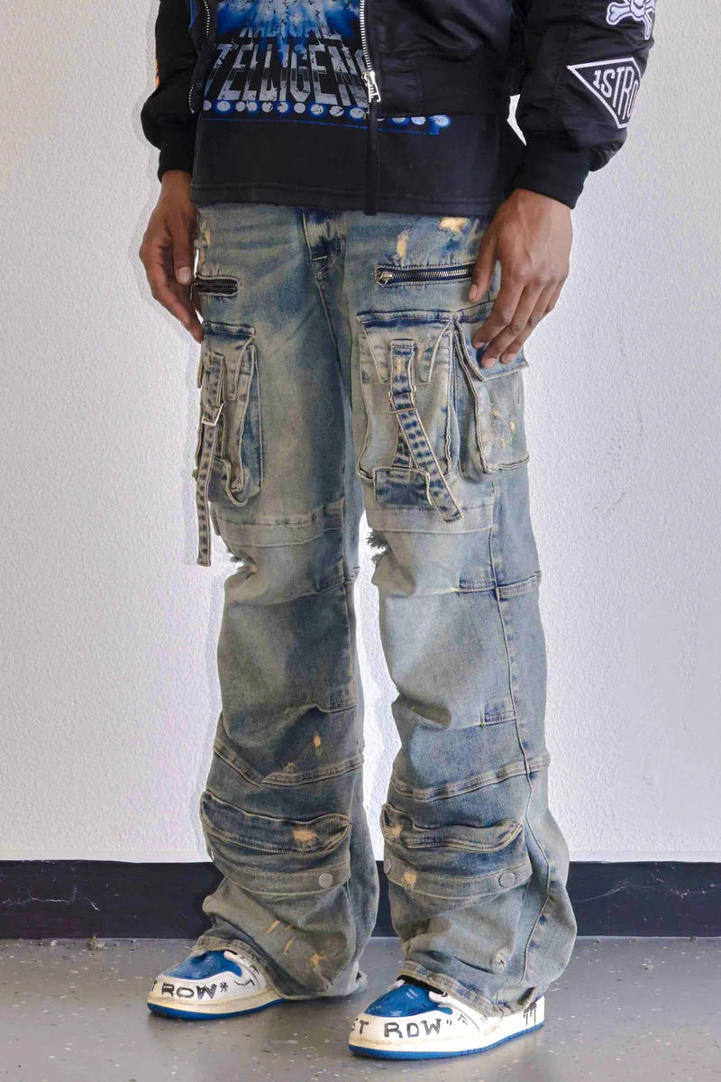 First Row ‘Y2K’ Utility Cargo Relaxed Fit Denim (Medium Stone Tint) FRD3116A - FRESH N FITTED