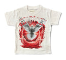 A white short-sleeve kids' t-shirt featuring a large graphic print of a white bird with red wings and the word 'SAINTS' in stylized red and white lettering. By Fresh N Fitted.