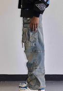 First Row Y2K utility cargo denim jeans in medium stone tint, showcasing classic denim fabric with cargo pockets and distressed details.