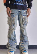 First Row Y2K utility cargo denim jeans in medium stone tint, featuring multiple pockets and a relaxed fit.