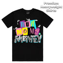 Black t-shirt with colorful text design on a white background