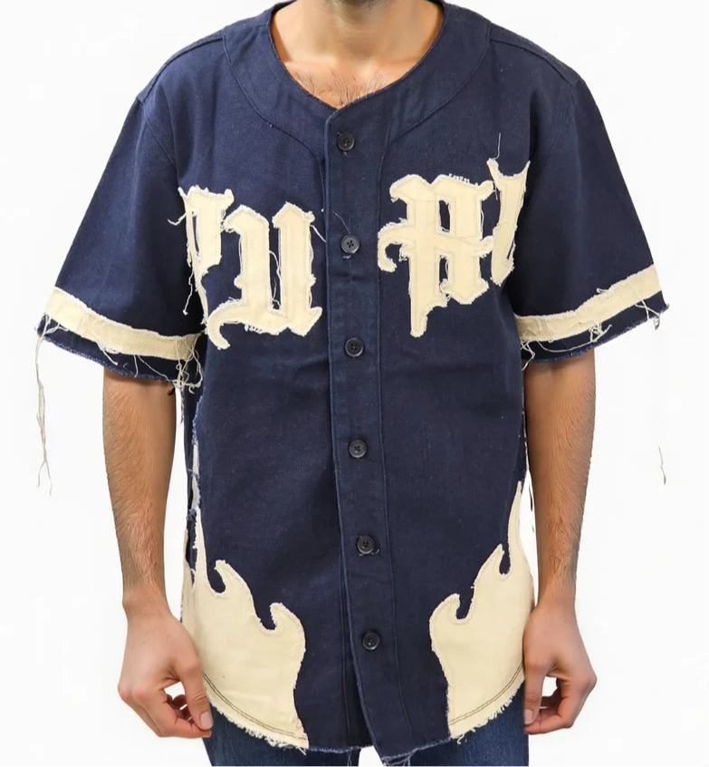 VOYAGE STUDIO 'PURE' RIp & Tears Baseball Applique Jersey (Navy) 51T01 - FRESH N FITTED