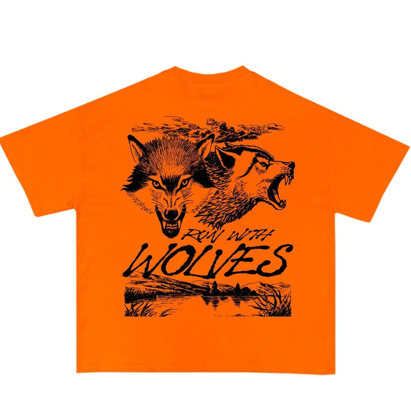 The Ground Up 'Run With Wolves' T-Shirt (Orange) - FRESH N FITTED-2 INC
