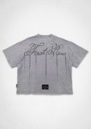 First Row Shadow Worship silver Requiem crop T-shirt in light grey, casual fit, with graphic design on front.