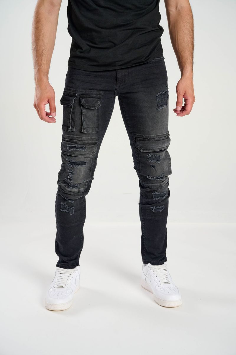 Spark ‘Pockets’ Slim Fit Cargo Pocket Denim (Black Wash) S4415