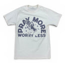 A beige short-sleeve crewneck t-shirt featuring a dark navy graphic on the front with praying hands, stars, and the text 'PRAY MORE WORRY LESS'. By Fresh N Fitted.
