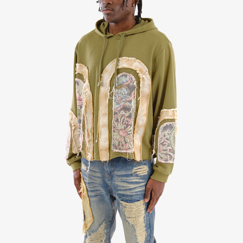 VOYAGE STUDIO 'Dragon' Rip & Tear Terry Cropped Hoodie (Olive) 53J10