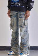 First Row Y2K utility cargo denim jeans in medium stone tint, showcasing classic denim fabric with cargo pockets and a relaxed fit.