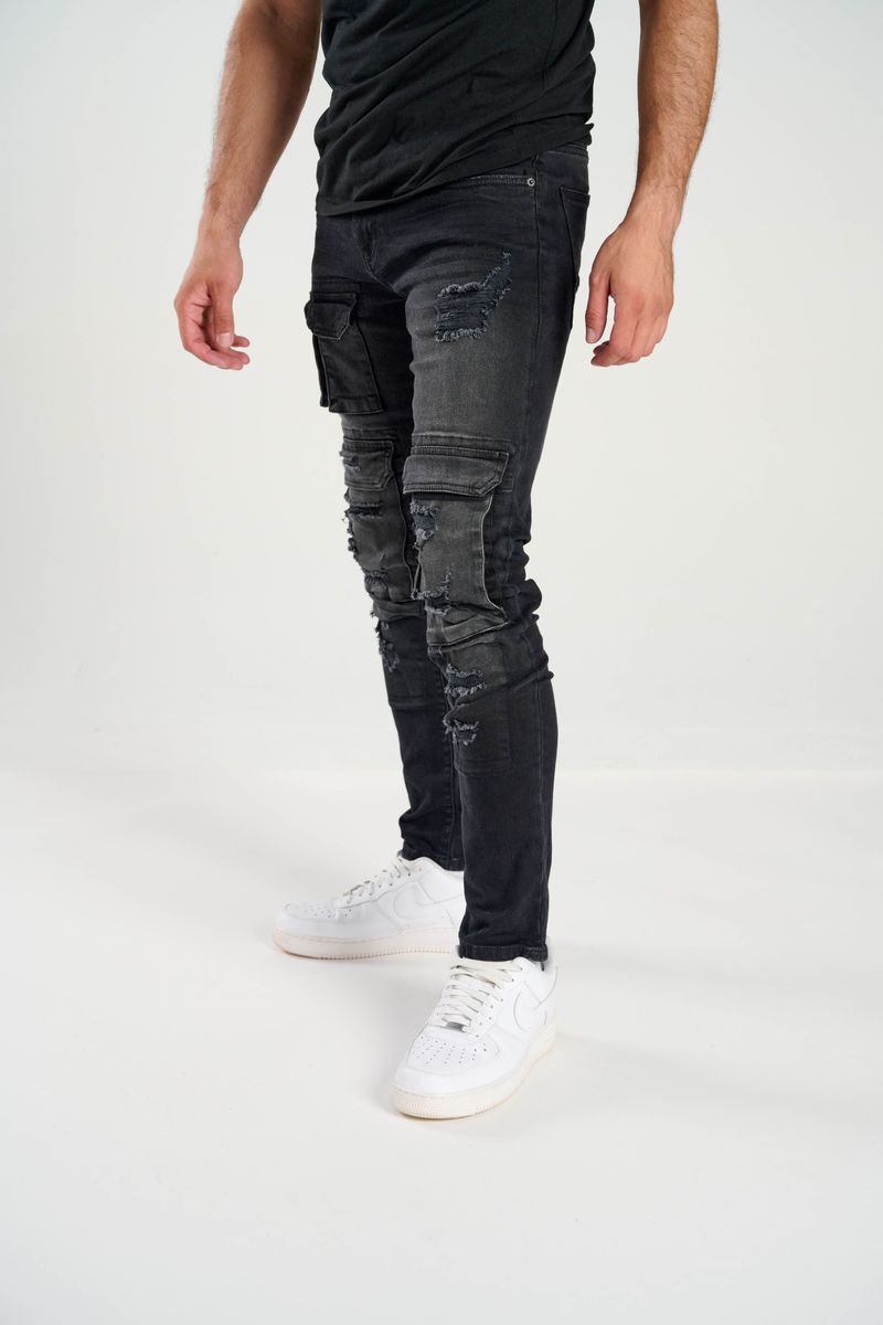 Spark ‘Pockets’ Slim Fit Cargo Pocket Denim (Black Wash) S4415