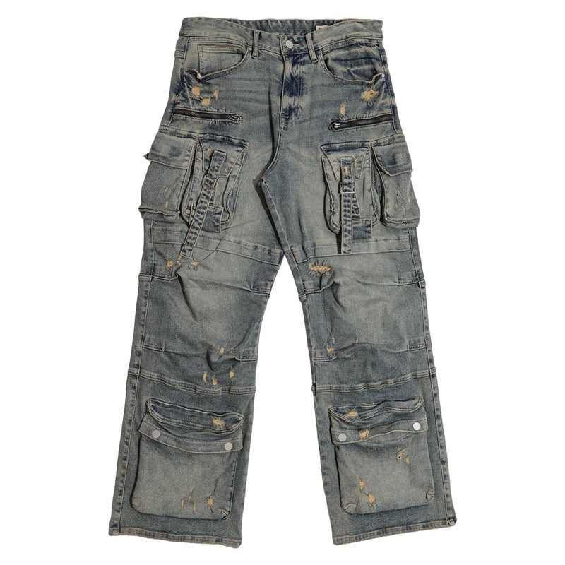 First Row ‘Y2K’ Utility Cargo Relaxed Fit Denim (Medium Stone Tint) FRD3116A - FRESH N FITTED