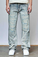 First Row allover rhinestone flare fit denim jeans in medium stone tint, showcasing sparkling embellishments and stylish fit.