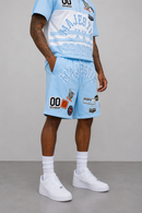 Majestik 'Champion' Rhinestone Rugby Patched Shorts In Light Blue