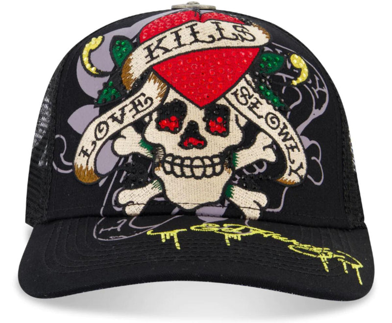 Ed Hardy 'Love Kills Slowly Skull' Rhinestone Trucker Hat (Black) EHH0001-26RS - FRESH N FITTED