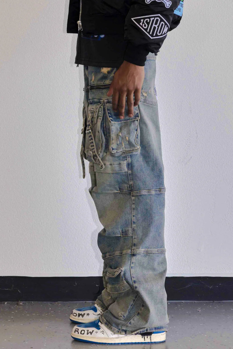 First Row ‘Y2K’ Utility Cargo Relaxed Fit Denim (Medium Stone Tint) FRD3116A - FRESH N FITTED