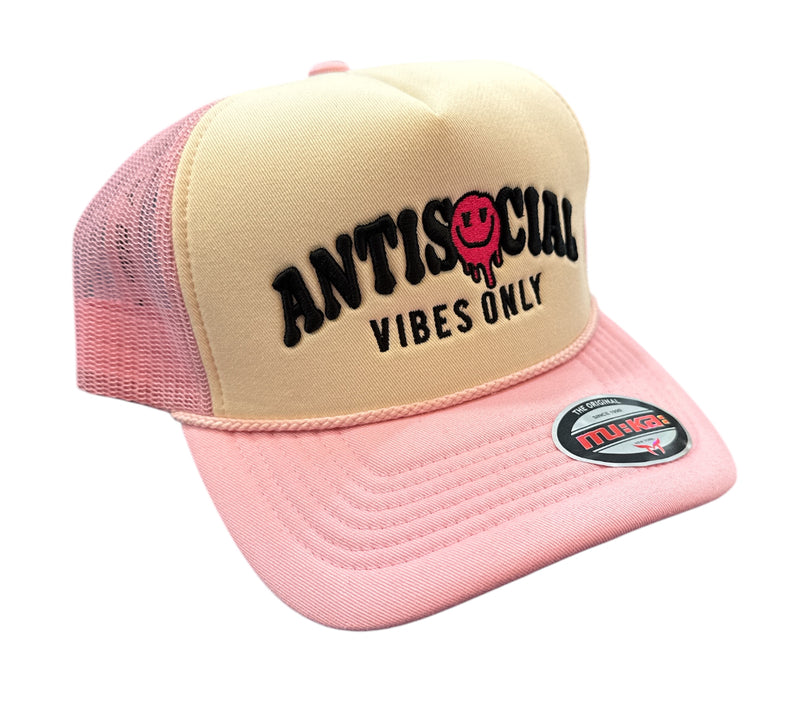 MUKA 'AntiSocial Vibes Only' Trucker Hat (Ivory/Pink) T5462A - FRESH N FITTED