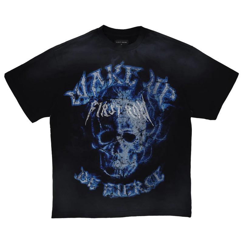 First Row 'Wake Up And Be Fierce' Flame Skull Washed T-Shirt (Black) FRT2157A - FRESH N FITTED