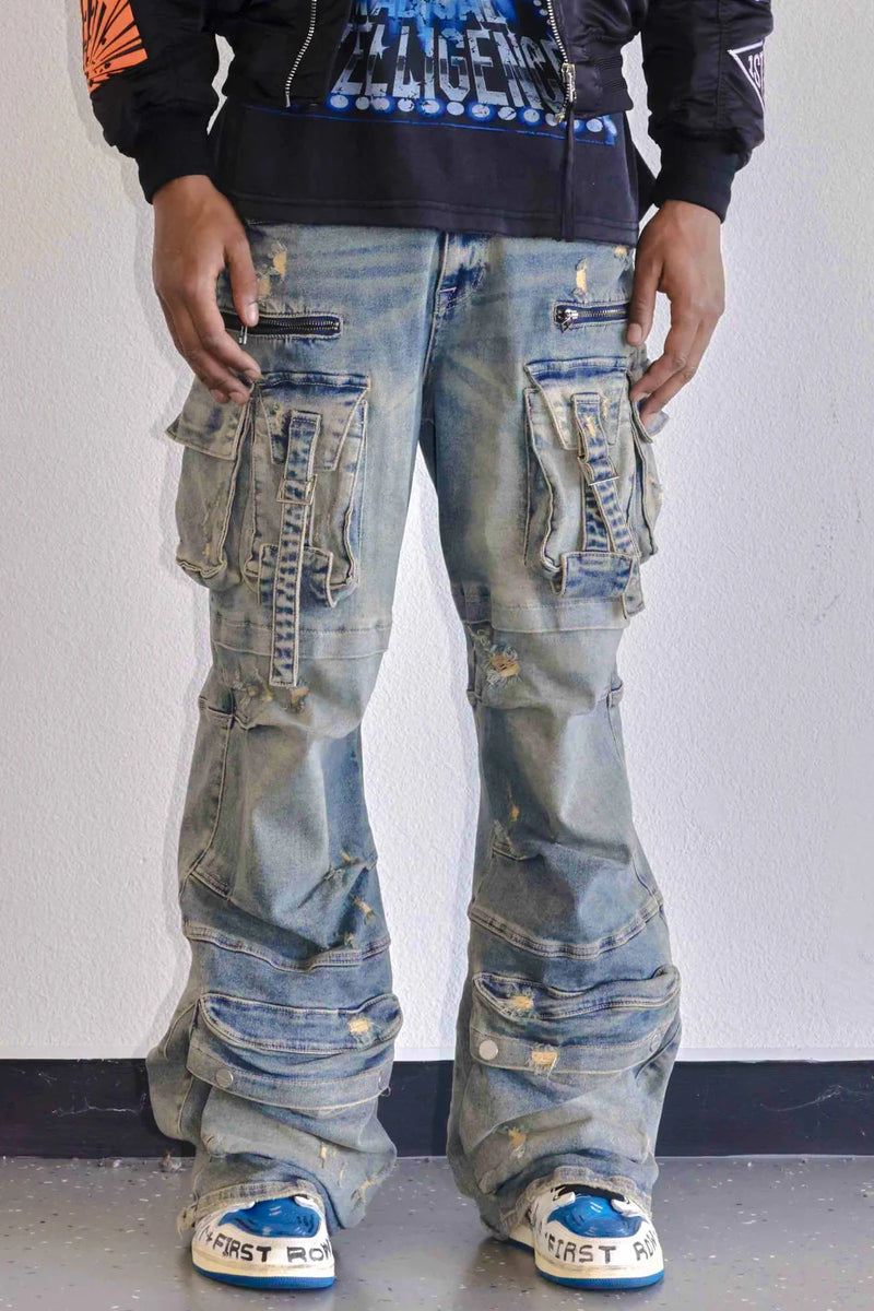 First Row ‘Y2K’ Utility Cargo Relaxed Fit Denim (Medium Stone Tint) FRD3116A - FRESH N FITTED