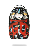 Sprayground Monopoly Time To Go backpack with bold Monopoly-inspired design, featuring multiple zip compartments and adjustable straps.