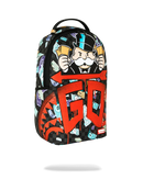Sprayground Monopoly Time To Go backpack in black with colorful Monopoly-themed design and adjustable shoulder straps.