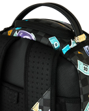 Sprayground Monopoly Time To Go backpack, black accessories bag with colorful Monopoly-themed design and adjustable straps.