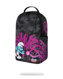 Sprayground Smurfs Shark Tag backpack featuring a colorful shark graphic and adjustable straps, designed for style and practicality.