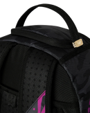 Sprayground Smurfs Shark Tag backpack featuring a colorful shark design, durable straps, and vibrant print on black background.