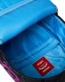 Sprayground Smurfs Shark Tag backpack featuring a colorful shark design, adjustable straps, and durable accessories.