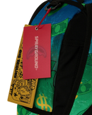 Sprayground Richie Rich Shark Stacks backpack featuring bold shark graphic and vibrant accessories on a black background.