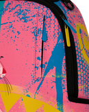 Sprayground Pink Panther Art Heist backpack with vibrant pink and cartoon design, featuring bold graphics and adjustable straps.