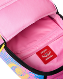 Sprayground Pink Panther Art Heist backpack featuring vibrant pink and black design with detailed cartoon character print.