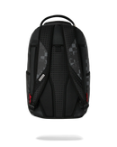 A black Spray ground backpack shown from the back, featuring a perforated black mesh back panel, gray patterned side panels By Fresh N Fitted