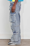 First Row Y2K multi cargo relaxed fit denim jeans in light stone tint, showing light wash denim with multiple cargo pockets.