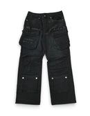 First Row Y2K utility cargo relaxed fit denim jeans in black, featuring multiple pockets and a casual, stylish design.