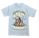 light blue t-shirt with crying skeleton nuns. By Fresh N Fitted