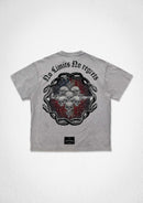 First Row Shadow Worship Grave HYMN T-Shirt in light grey, casual tee with printed graphic design on front.