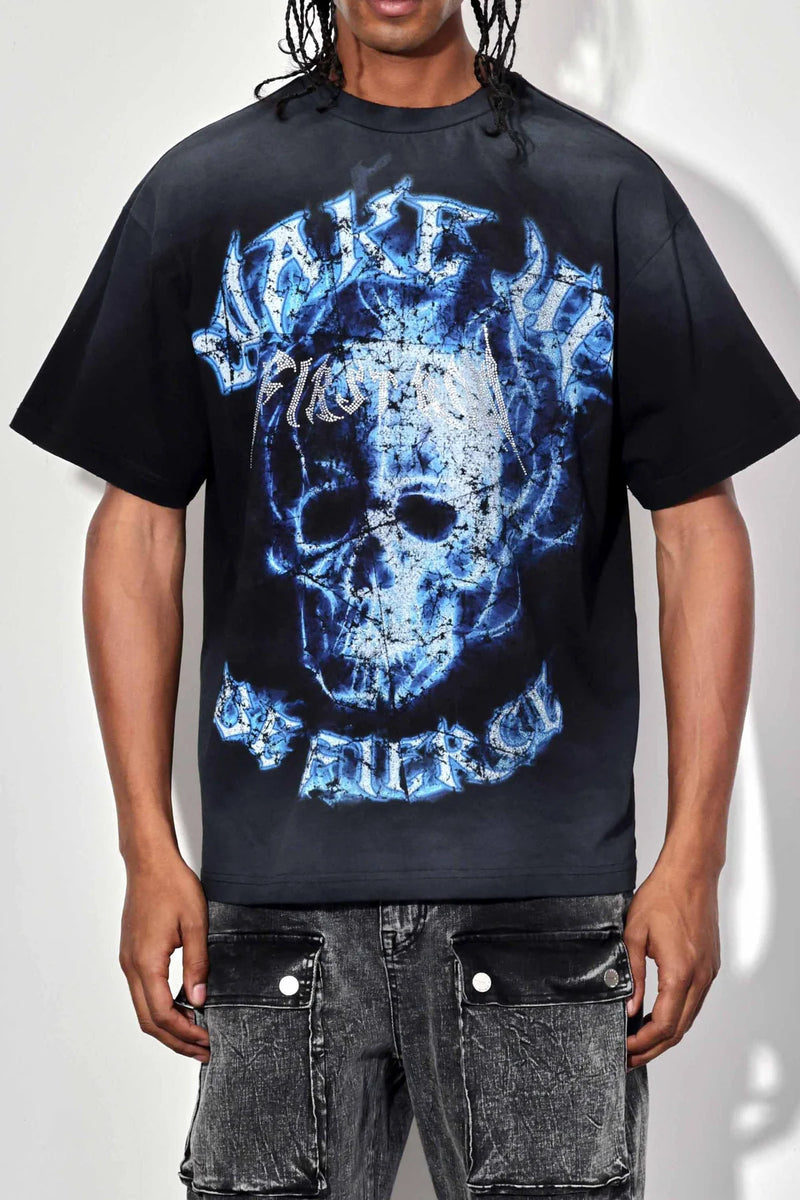 First Row 'Wake Up And Be Fierce' Flame Skull Washed T-Shirt (Black) FRT2157A - FRESH N FITTED